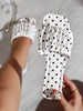 Women's New Polka Dot Pleated Square Toe Flat Sandals, Retro Vacation Beach Slip-On Slippers, Fashionable & Comfortable White Open Toe Flat Sandals For Summer, Chic & Elegant